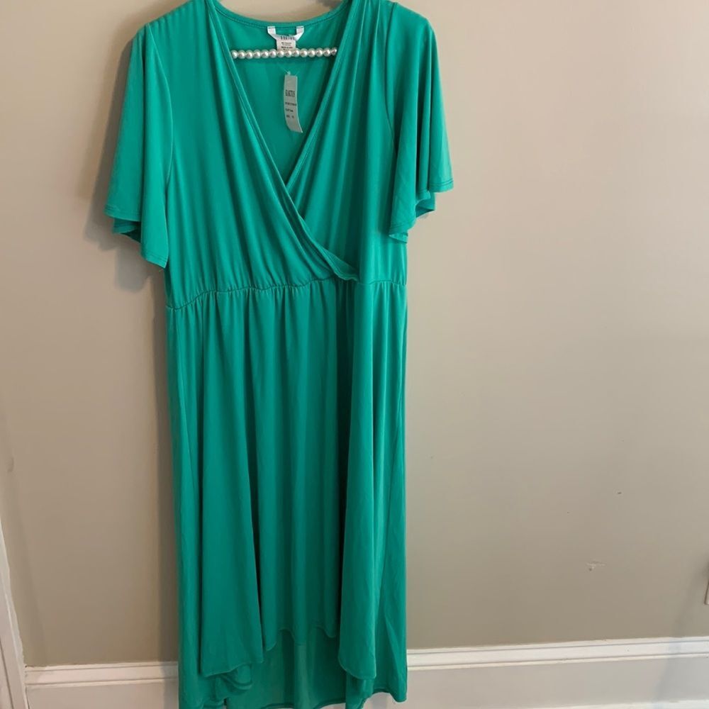 NEW Kaktus Womens XL Green Faux Wrap Midi Dress Flutter Sleeve Stretch Poly